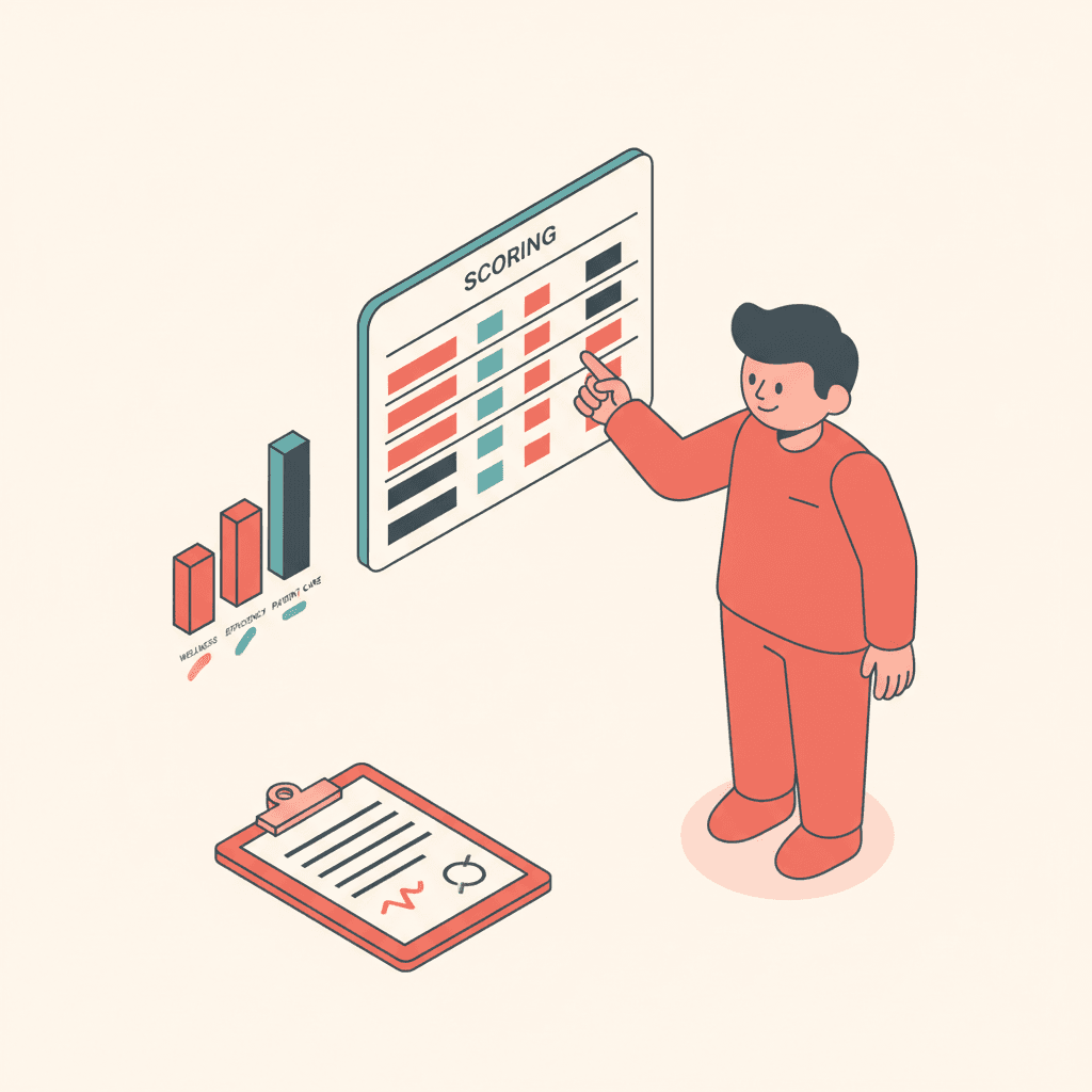 A clinician reviewing a structured scoring table and chart