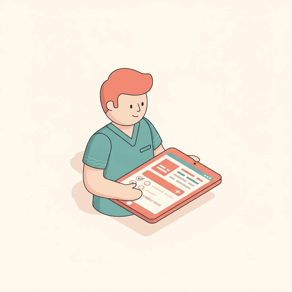 A clinician completing a structured clinical checklist with AI assist